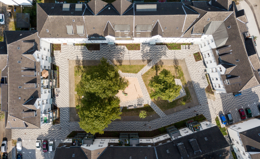 Luftaufnahme des Eltingviertel nach Freiflächenplanung durch Vonovia.