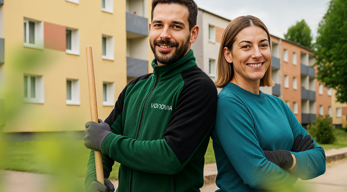 Zwei Mitarbeitende in Arbeitskleidung von Vonovia lächelnd aneinander gelehnt. Zwei Mitarbeitende in Arbeitskleidung von Vonovia lächelnd aneinander gelehnt.